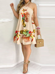 Hoobd Tropical Print Halter Backless Casual Dress Women Strapless Summer Dress