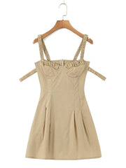 2023 Women Elastic Double Strap Sling Sexy Dress Summer Ladies Ruched Chest Corset Style Slim Waist Pleated A-line Mini Robe