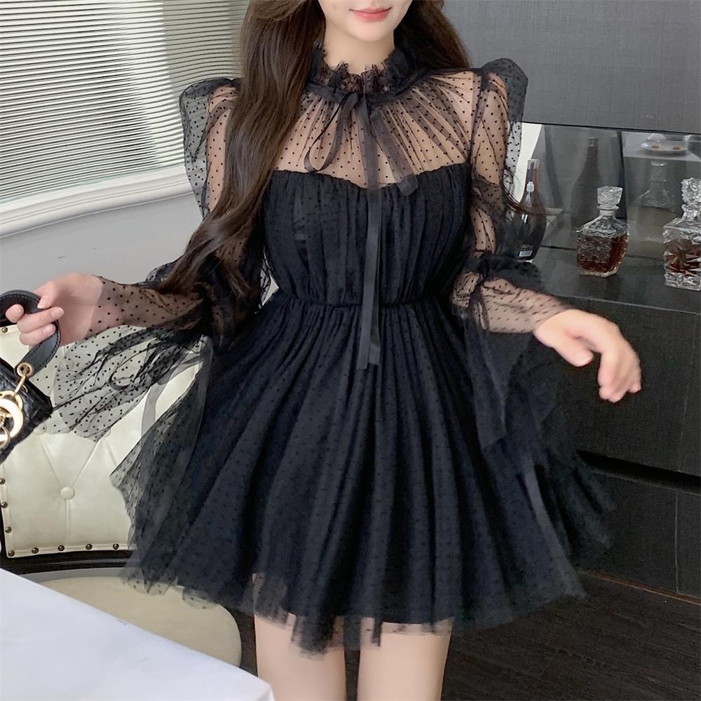 Long-Sleeved Polka-Dot Mesh Stitching Dress Elegant Tube Top Waist Slim Dress Women 2023 Spring Summer Korean Sweet Y2K Dresses