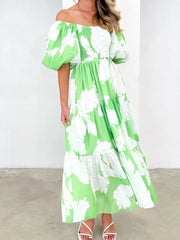 Women Dress Vintage Print Off Shoulder Puff Sleeve Elastic Waist Party Beach Style Sexy Dresses Spring Summer 2024