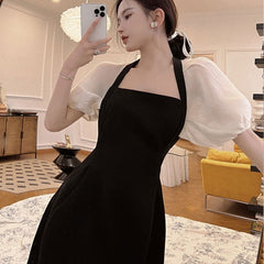 Retro Black Dress Summer Fashion Square Collar Backless Women Dresses Elegant French Puff Sleeve Women's Maxi Dress Sundress New