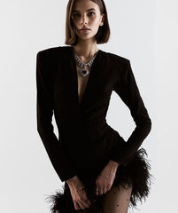 New Long Sleeve Bandage Set Dress Women's High Quality Club Party Casual  Sexy Feather V collar