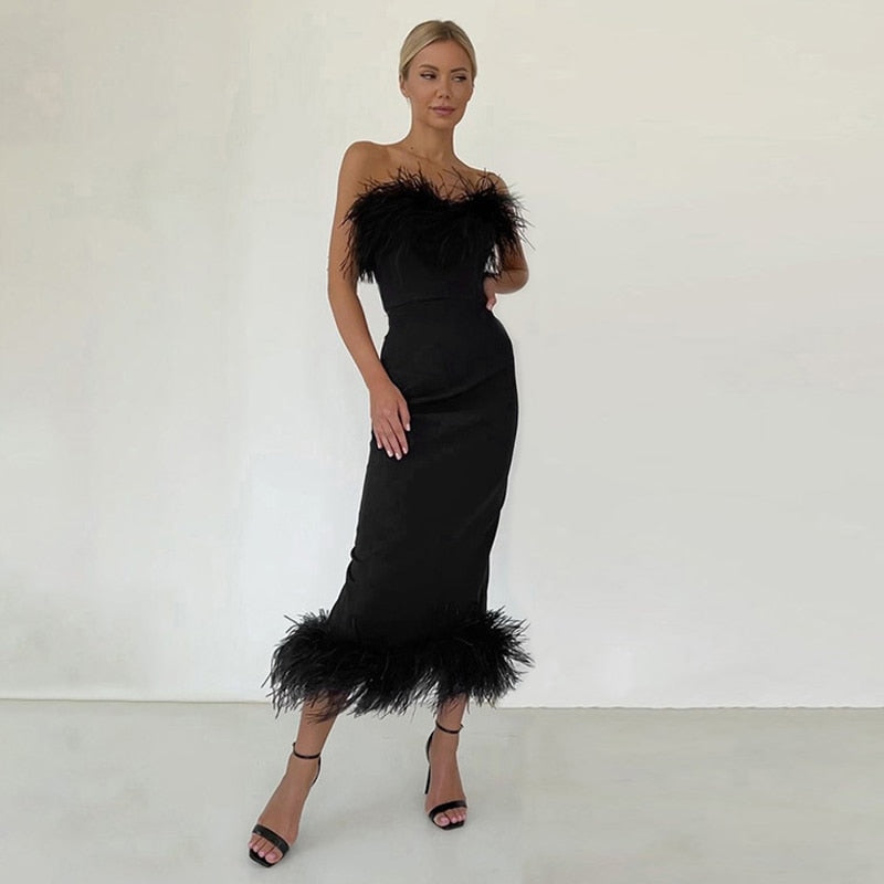 Hoobd Fall Winter Party Dresses For Women Strapless Feather Evening Dresses Elegant Formal Party Dresses For Women Sexy Corset Bodycon Midi Dress White Black