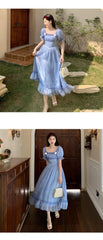 Hoobd France Elegant Sweet Dress Women Autumn Winter Vintage Eveving Party Midi Dresses Chic Korean Retro Blue Fairy Dress 2023 New