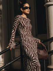 Hoobd2023 Autumn Elegant Zebra Print Maxi Dress For Women Sexy See Through Long Sleeve Bodycon Club Party Dress Spring Casual Dress