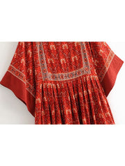 Hoobd Vintage Chic Fashion Women Red Floral Print O-neck Loose Bohemian Mini Dresses Ladies Batwing Sleeve Cotton Beach Boho Dress