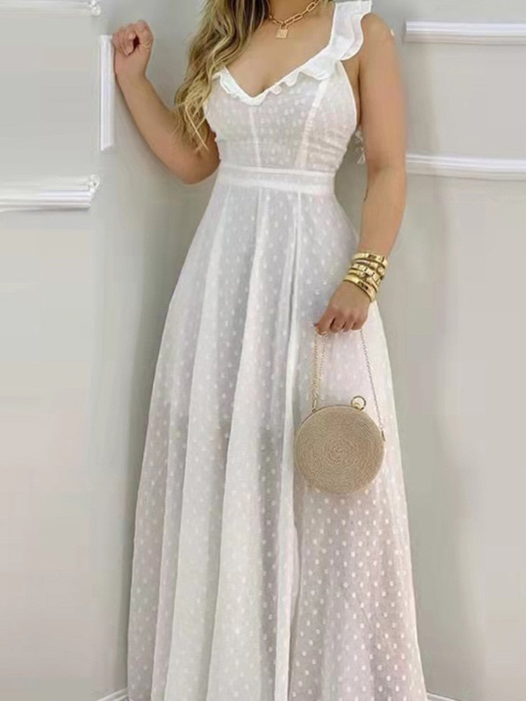 Hoobd Polka Dot Print Ruffle Hem Open Back Slit Maxi Long Dress Women