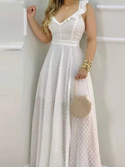 Hoobd Polka Dot Print Ruffle Hem Open Back Slit Maxi Long Dress Women