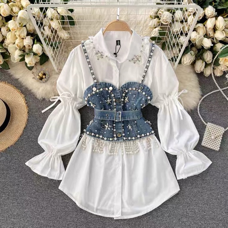 2023 New High-End White Shirt Dress Female Lapel Diamond Pearl Luxury Shirt Short Denim Vest Chic Two Piece Sets Female Fashion