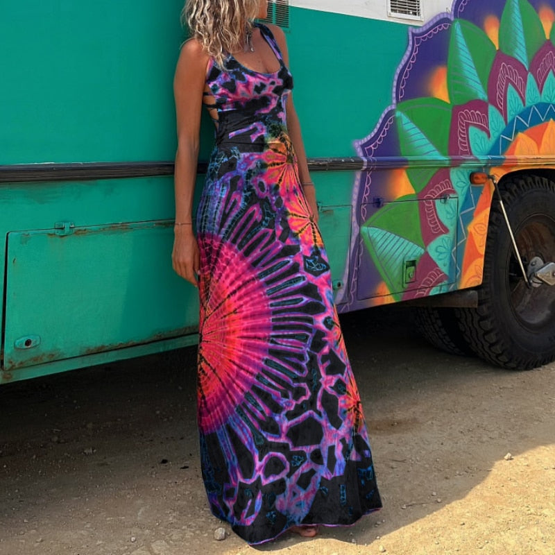 Hoobd2023 Casual Summer Women Dress DIY Wearing Tie Dyeing Printing Fashion Sleeveless Dresses Sundress Beach Style Dresses