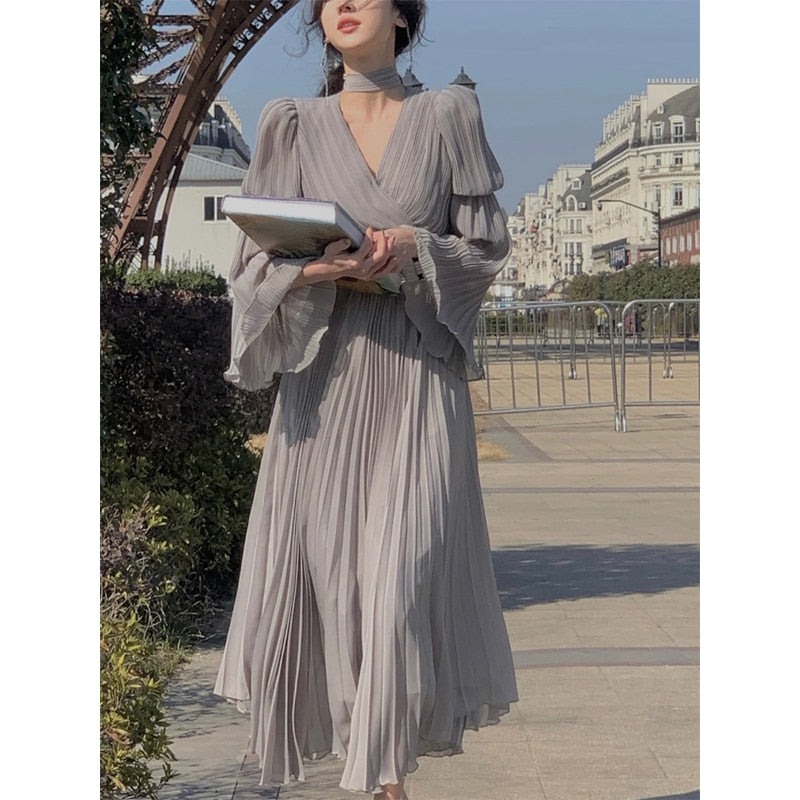 2023 Spring Elegant V-Neck Midi Dress Office Lady Long Sleeve Casual One Piece Dress Korean French Vintage Chiffon Dress Women