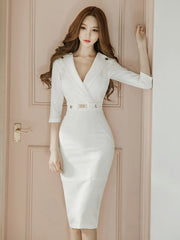 Hoobd Fashion Elegant Women Dress Temperament Vintage Sexy V-Neck Split Midi Party Lady Formal Bodycon Female Lady White Robe Vestidos