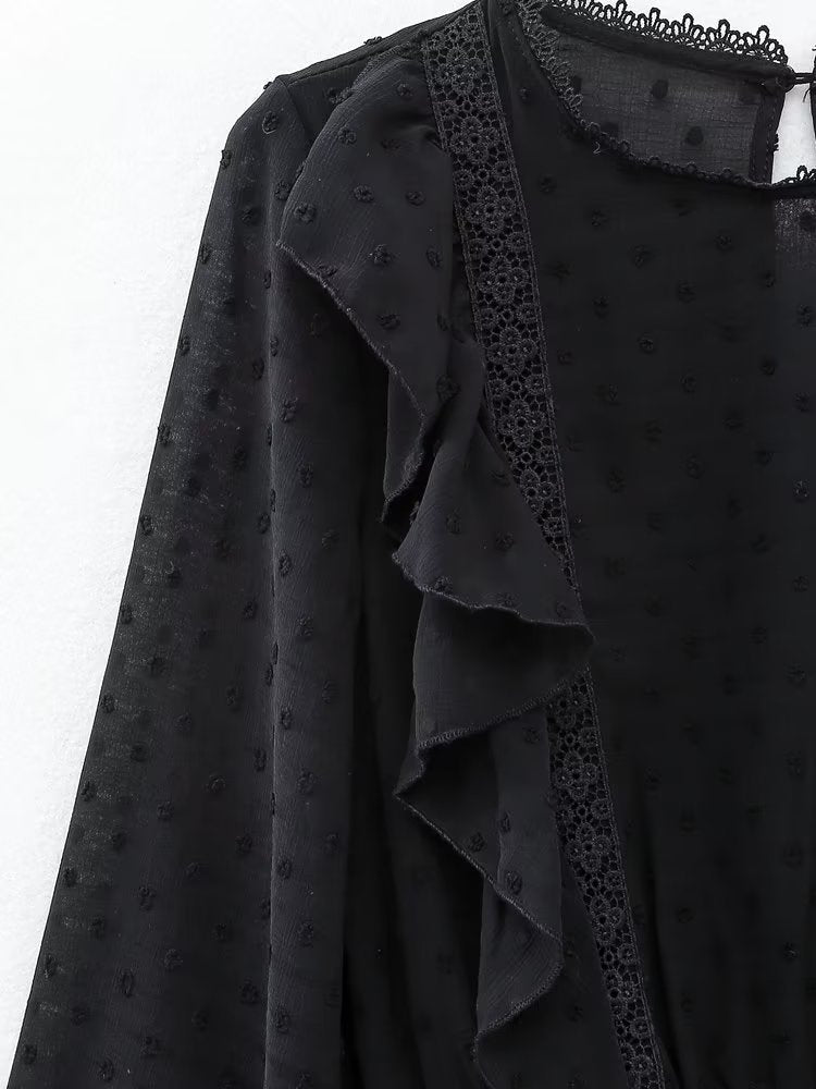 New Spring Women Ruffled Dotted Black  Dress Long Sleeve Elastic Waist Female Vintage Dresses Short Vestidos