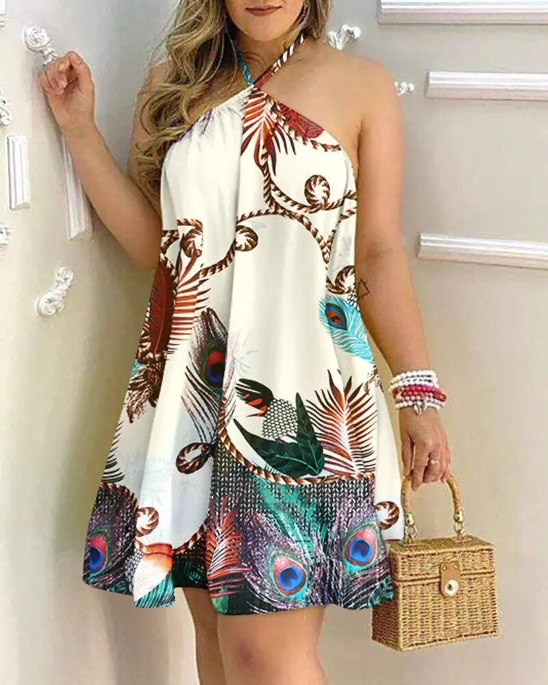 Hoobd Spring Summer Fashion Women&#39;s Dress Sexy Off Shoulder Neck Strap Loose Dress Stripe Flower Print All Season Mid Length Dress