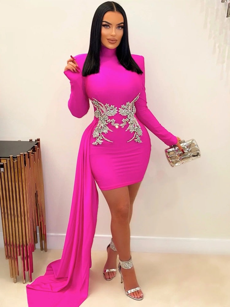 Beautiful Embroidered Bodycon Mini Dress For Women Long Straps Invite Rhinestone Party Dress Birthday Outfits Clubwear