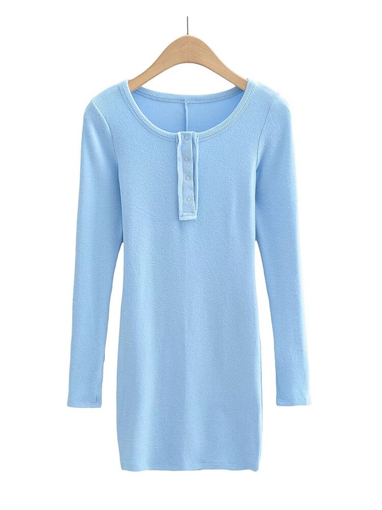 Women Fashion Slim-fit Solid Mini Dress Vintage O-Neck Long Sleeves Single Breasted Female Chic Lady Dresses