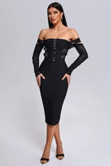 2023 New Black Color Women Mesh Long Sleeve Sexy Off the Shoulder Bodycon Mid-calf Dress Bandage Elegant Evening Party Dress