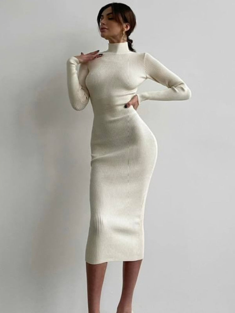 Fashion High-neck Bodycon White Knitted Midi Dresses Women 2022 Autumn Winter Sexy Solid Color High Street Woolen Warm Dress