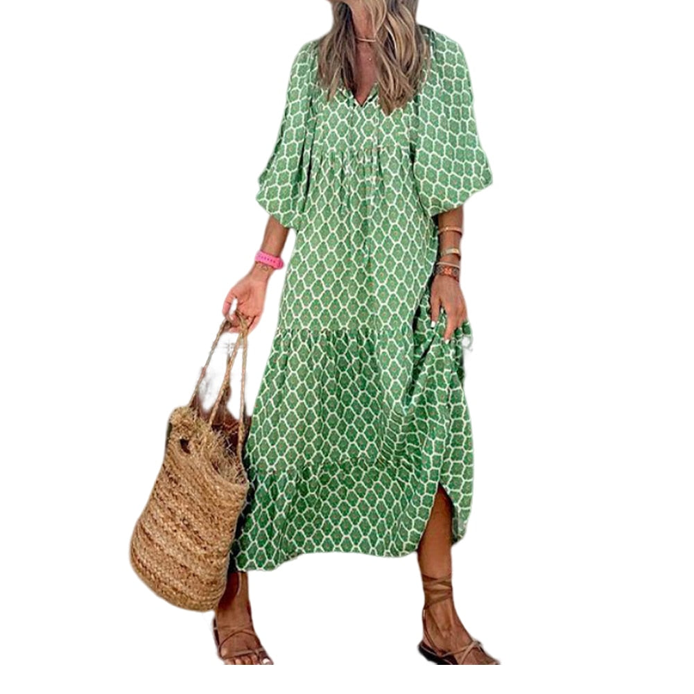 Women Vintage Bohemian Printing Beach Dress Fashion Bubble Sleeves V-Neck Long Dress Spring Summer Female Casual Loose Dresses