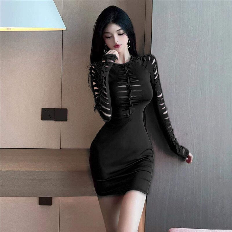Hollow Out Long Sleeve Mini Dress Women O-neck Elastic Party Dresses Women Evening Tight Short Pencil Dress Female Bandage
