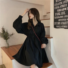 Korean Style Polo Collar Black Long Sleeve Wrap Mini Dress