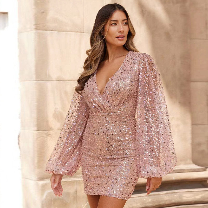 Sexy Bright Sequin Lantern Long Sleeve Dress Summer Fashion Slim Night Hoobd Sexy Bright Sequin Lantern Long Sleeve Dress Summer Fashion Slim Night Hoobd