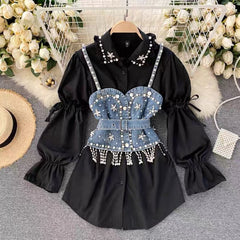 2023 New High-End White Shirt Dress Female Lapel Diamond Pearl Luxury Shirt Short Denim Vest Chic Two Piece Sets Female Fashion