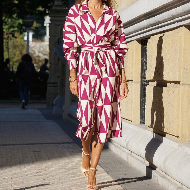 Fashion V Neck Long Sleeve Shirt Dresses Autumn Loose Waist Office Commute Women Dress Geometry Pattern Print Lace Up Midi Dress