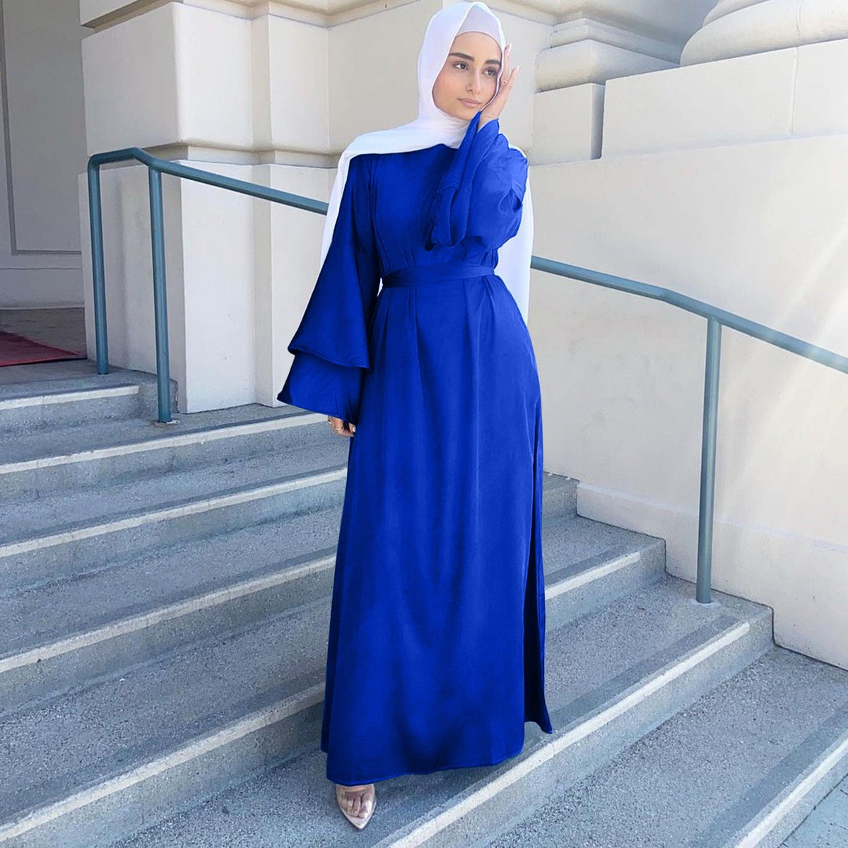 Solid Long Satin Ramadan Muslim Clothes Long Sleeve Dress