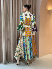 Hoobd2023 Autumn Print Holiday Women Beach Dress With Belts A-line Long Lantern Sleeve Single Breasted Lapel Seaside Dresses Robe