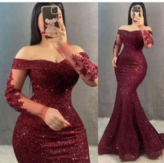 Glitter Burgundy Mermaid Evening Dresses Off the Shoulder Long Sleeves 3D Flowers Party Gowns Women Formal Prom Dress Plus Size