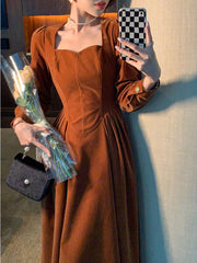 France Vintage Dress Women Autumn Winter Solid Retro Elegant Evening Party Midi Dress Long Slevee Korean Style Dress Fairy