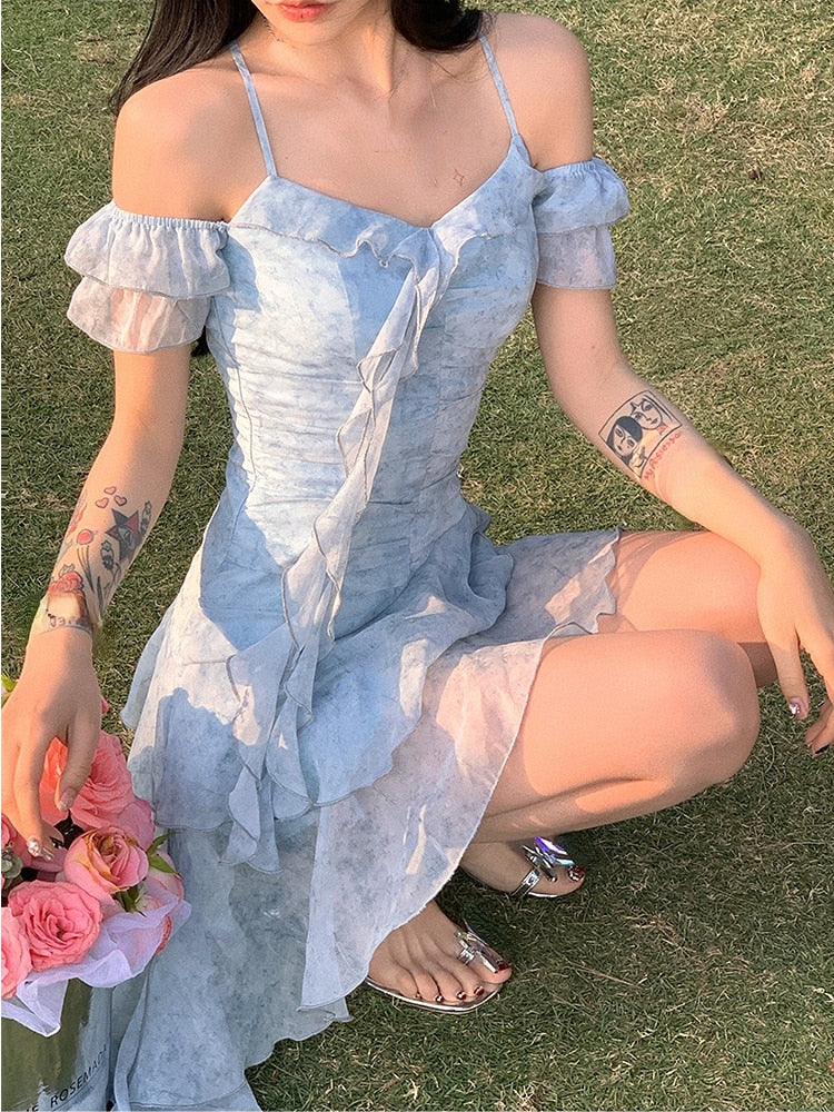 Chiffon Beach Style Y2k Mini Dress Office Lady Casual Sleeveless Elegant Floral Dress Woman 2023 Summer One Piece Dress Korean