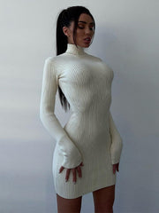 Fashion High-neck Bodycon White Knitted Midi Dresses Women 2022 Autumn Winter Sexy Solid Color High Street Woolen Warm Dress