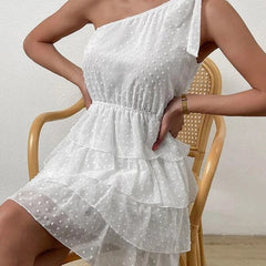 Sexy Chiffon Short Dress Women Summer Casual White One Shoulder Backless Beach Dress Fashion Sleeveless New In Dresses 2023