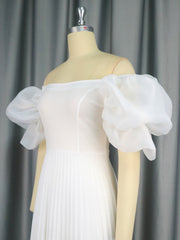 Women Elegant White Pleated Dresses Midi Off Shoulder Puff Sleeve A Line Cocktail Party Swing Dress Prom Summer 2023 Big Size