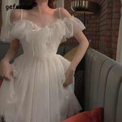 Women Sexy Mesh V Neck Lace Up Sweet Kawaii Japanese Fairy Party Elegant Dresses Summer Fashion Ruffle White Short Sleeve Dress