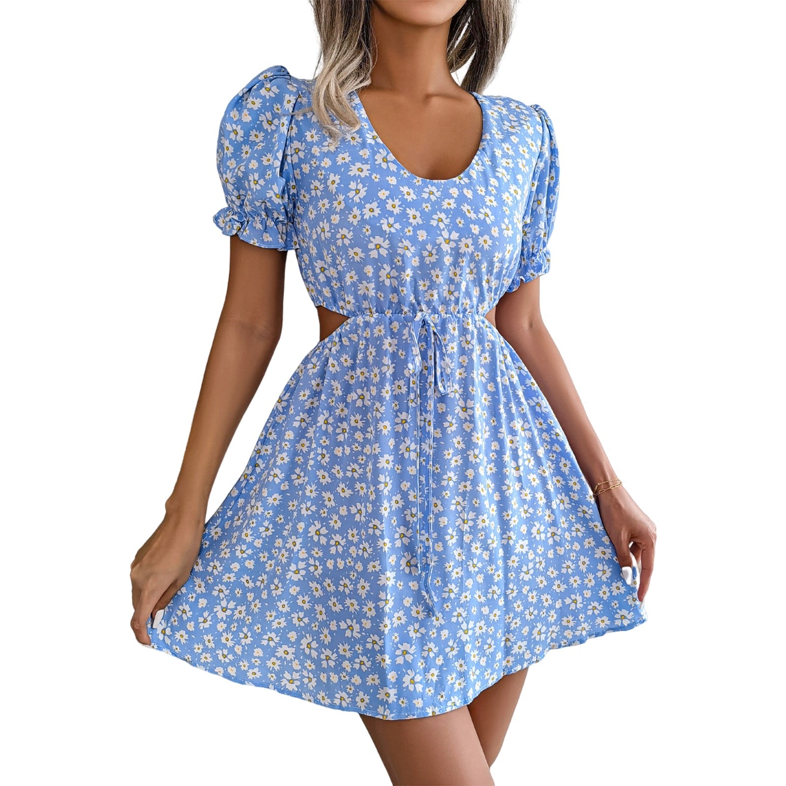 2023 New Casual Short Sleeve Square Neck Lace-up Dress Retro Women Floral Printed Mini Dress Ladies Fashion Slim Office Dresses