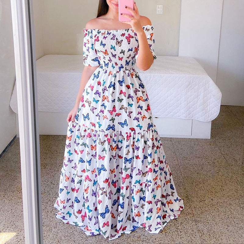 Hoobd Sexy Off The Shoulder Tube Top Dress Butterfly Rainbow Floral Print Dress Ladies Elegant Slim Summer Bohemian Party Maxi Dresses