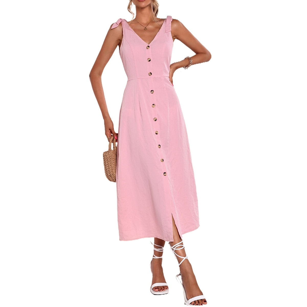 2023 Women Casual Suspender Maxi Dress V-neck Solid Color Elegant Pink Dress Tie Up Button Down Midi Dress Mujer Split Dresses