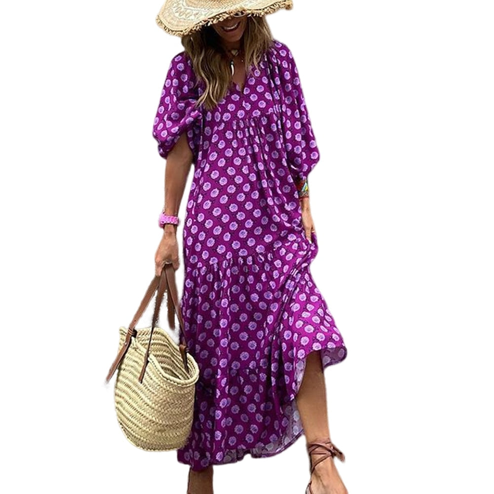 Women Vintage Bohemian Printing Beach Dress Fashion Bubble Sleeves V-Neck Long Dress Spring Summer Female Casual Loose Dresses