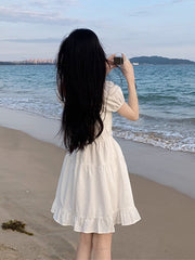 Korean Design Sweet Lace Mini Dress Female Causal Beach Style Pure Color Dress Elegant Office Lady Ruffles Dress 2023 Summer