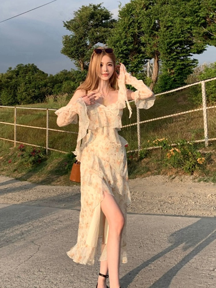 2023 Spring Elegant Floral Midi Dress Women Casual Outwear Beach Y2k Dress French Vintage One Piece Dress Korean Fashion Summer