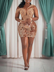 Hoobd Spring Summer Women's Clothing Sexy Gold Sprinkle Bead Film Banquet Dress Hip Skirt New High Waist Sequined