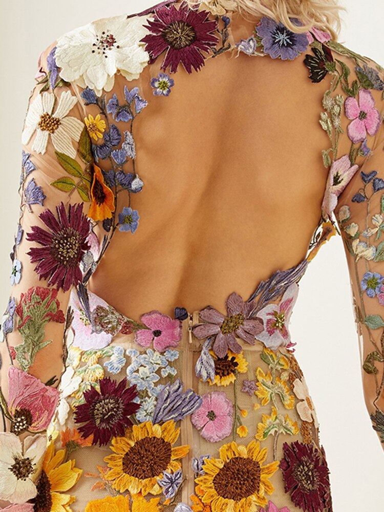 Hoobd Flower Print Embroidery Mini Dress Women Half High Collar Long Sleeve Hip Package Dresses Female Autumn Elegant Lady Vestidos