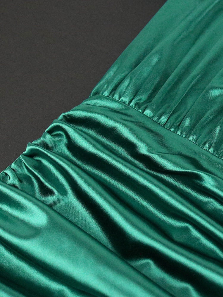 Hoobd Long Sleeve Green Dresses Bodycon Elastic Satin Smocked Midi Dress Elegant Big Size Shiny Evening Christmas Party Church Outfits