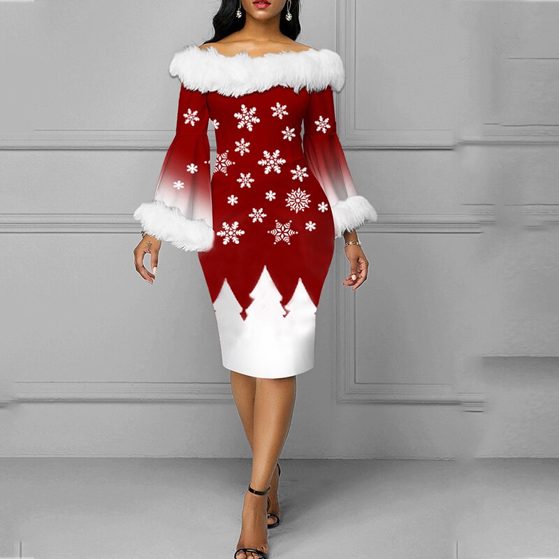 2023 New Year Dresses Flare Sleeve Slim Slash Neck Gradient Printed Dress Winter Fashion Fur Off Shoulder Women Christmas Dress