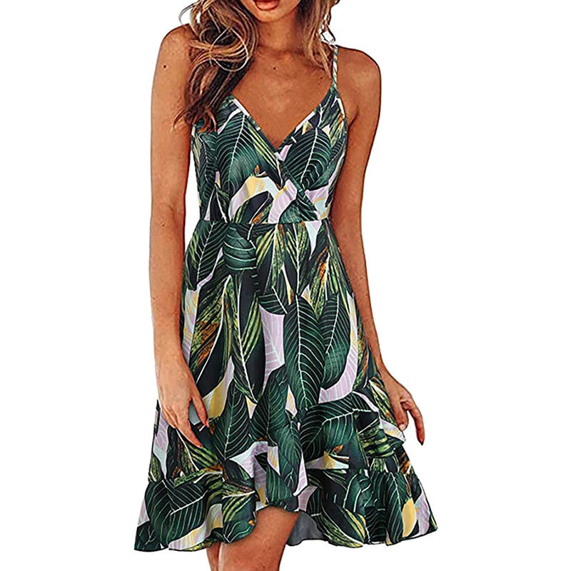 Hoobd S-2XL 17Colors Print Ruffles Sleeveless Fit Flare Dress Casual V-Neck Women Beach Party Entertainment Daily Suspender Wear