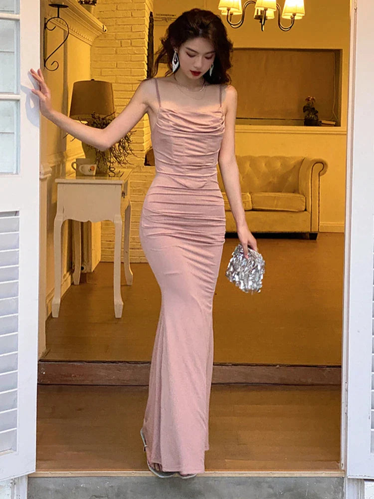 Fashion Elegant Dresses for Women Sleeveless Sexy Club Solid Spaghetti Strap French Party Evening Dress Female 2024 New Summer