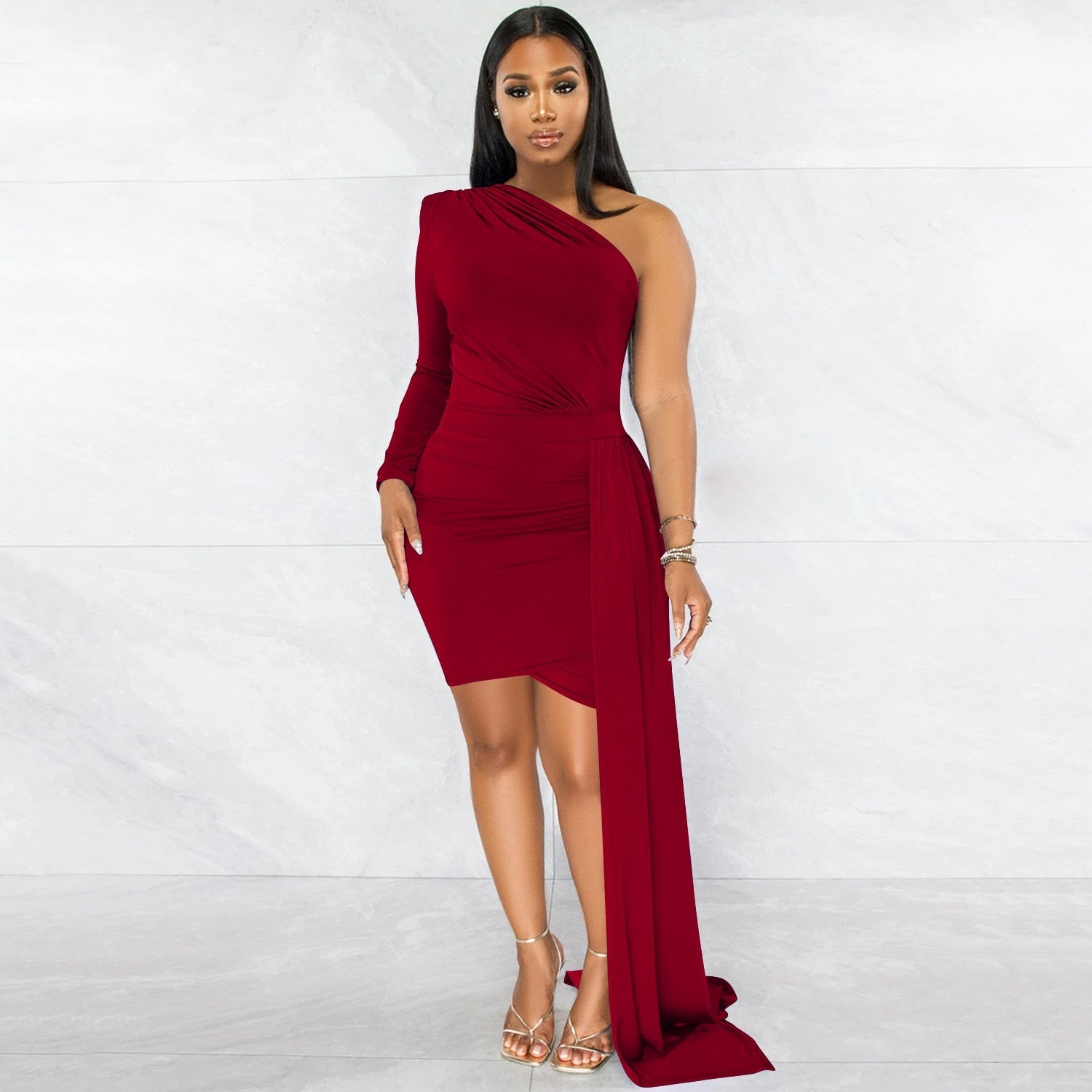 Hoobd Fall Party Dresses For Women 2023 Fashion Royal Blue Single Sleeve Long Strap Accent Mini Dresses Summer Womens Ruched Bodycon Party Dress Sexy Clubwear